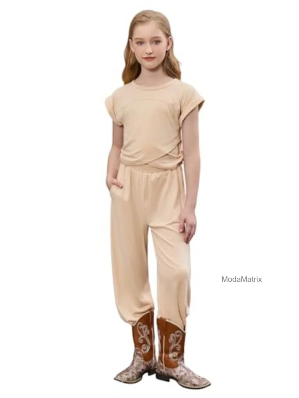 Girls 2 Piece Tracksuit Set Crossover Top Joggers Soft Stretch